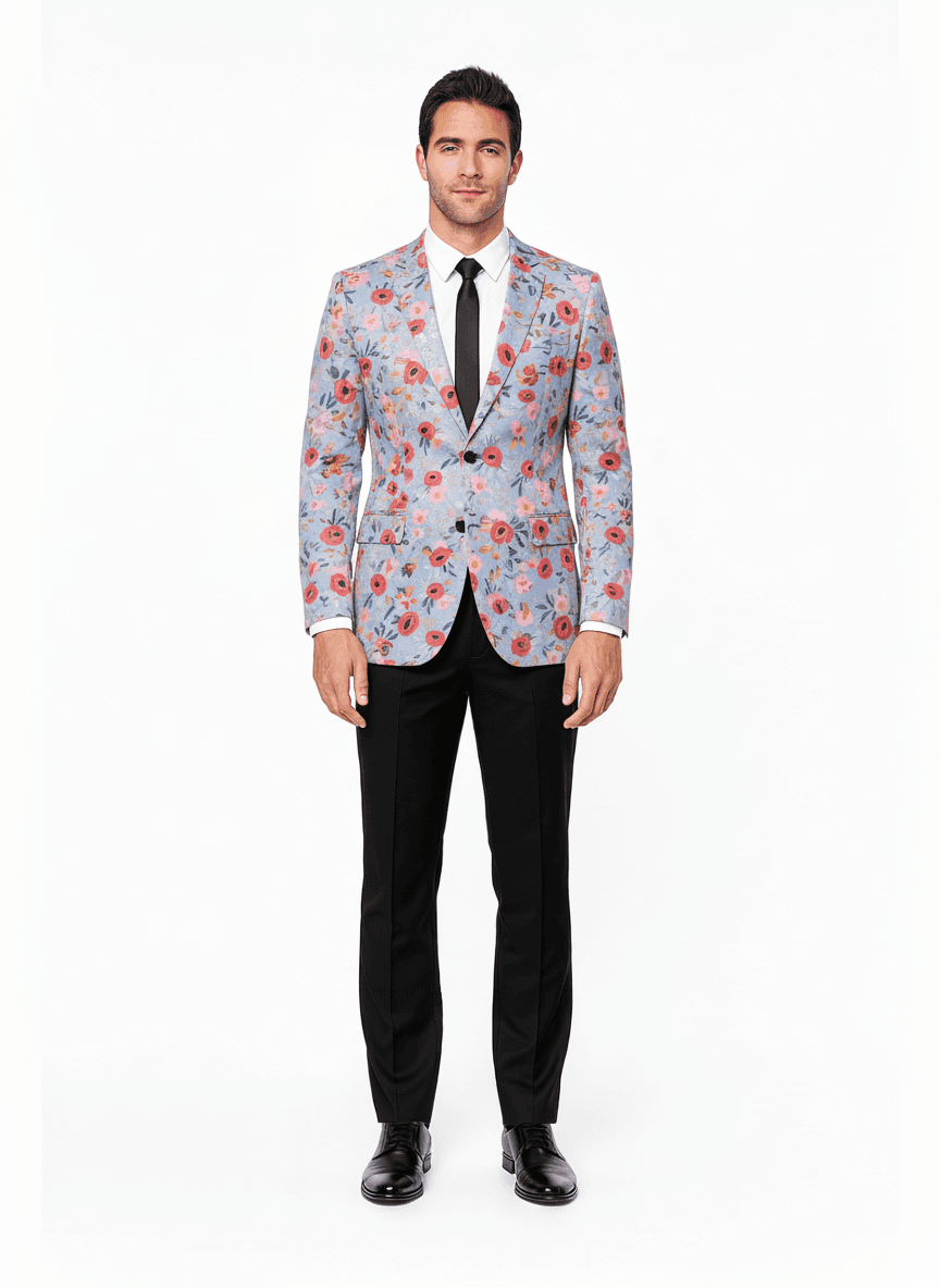 Cotton Light Lavender Blue Rose Red Floral Dresses Fabric on jacket — Nathan Tailors Hoi An tailor