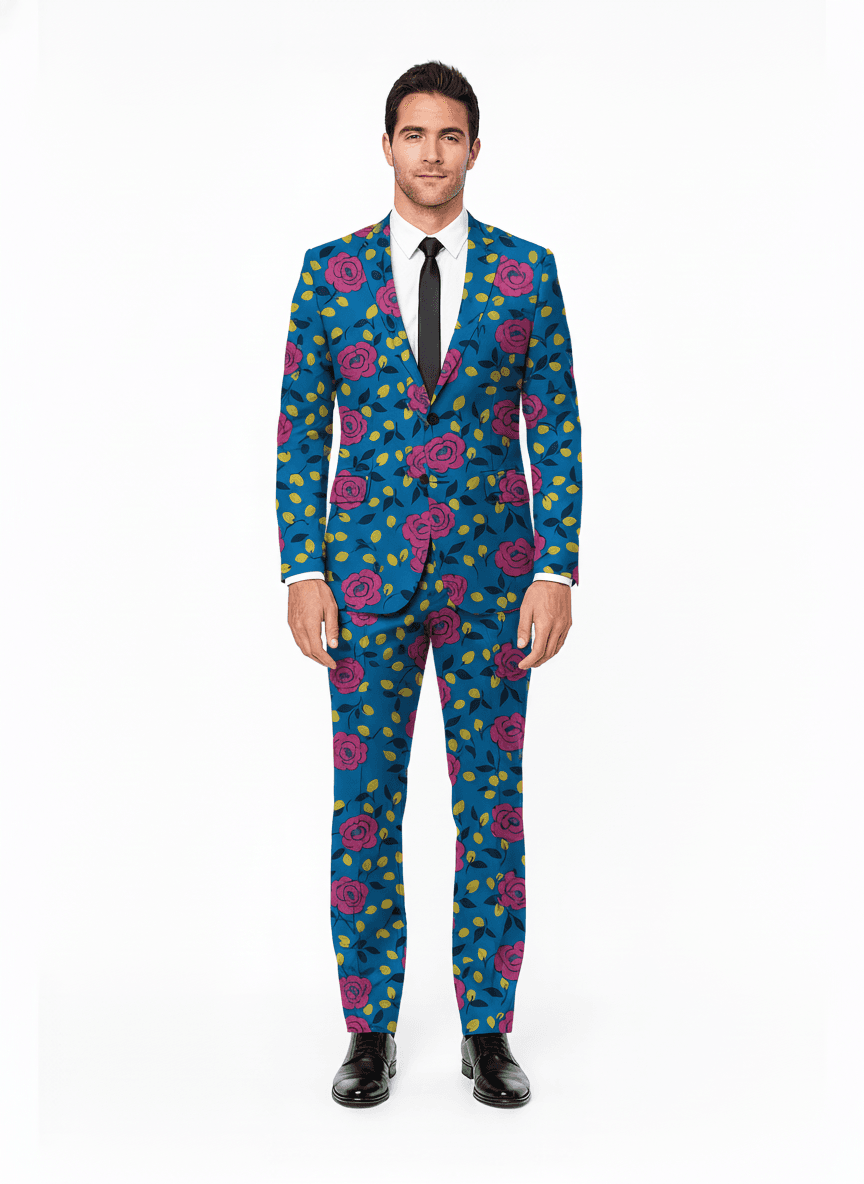 Cotton Bright Blue Vibrant Yellow Floral Summer Dress Fabric on full suit — AI-rendered by Nathan Tailors, a Hoi An tailor