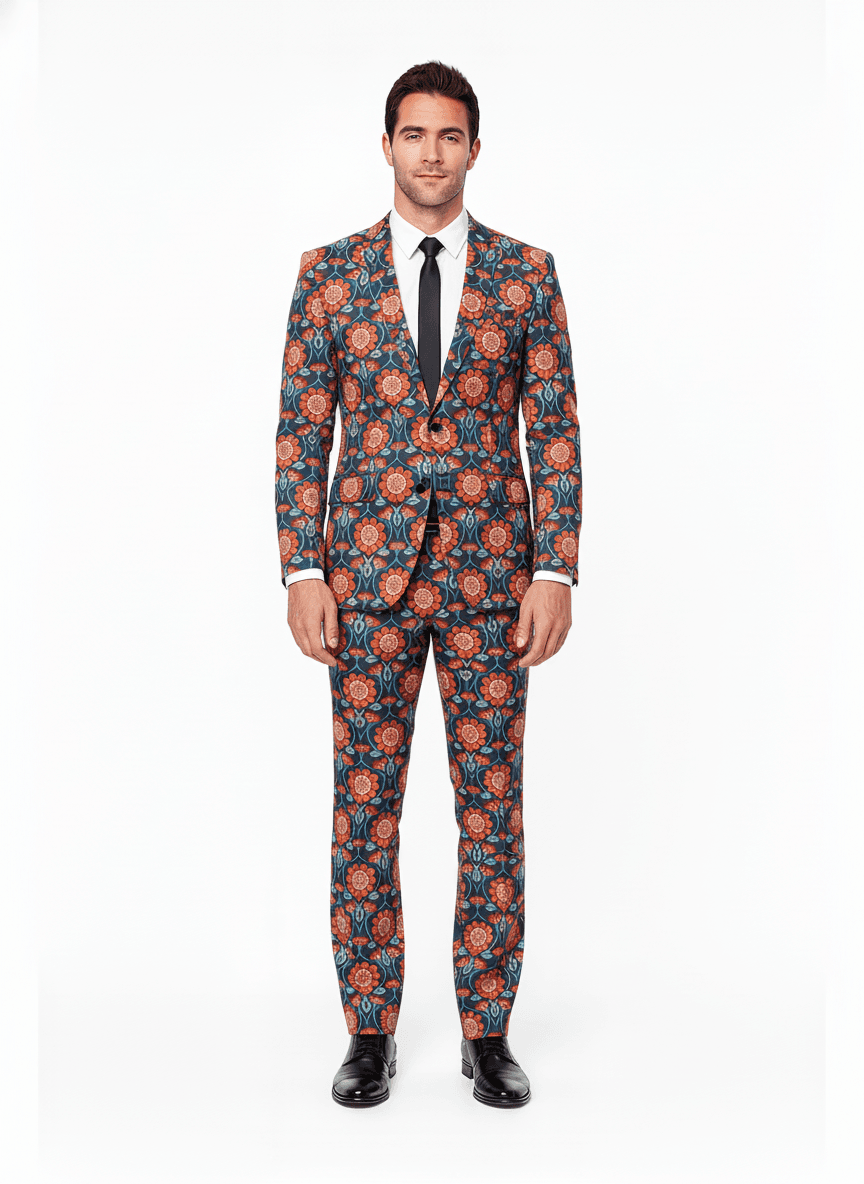 Cotton Orange Dark Blue Floral Casual Dresses Fabric on full suit — AI-rendered by Nathan Tailors, a Hoi An tailor