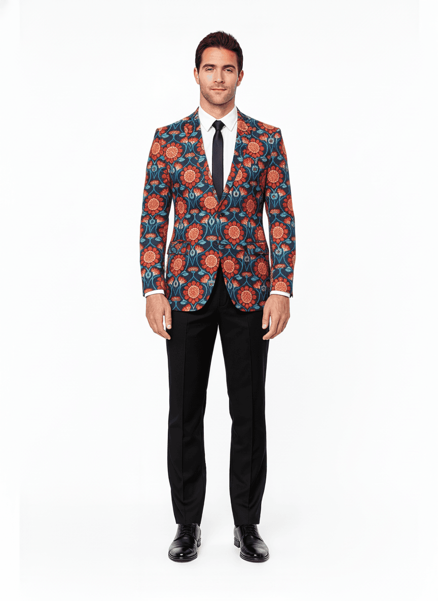 Cotton Orange Dark Blue Floral Casual Dresses Fabric on jacket — AI-rendered by Nathan Tailors, a Hoi An tailor