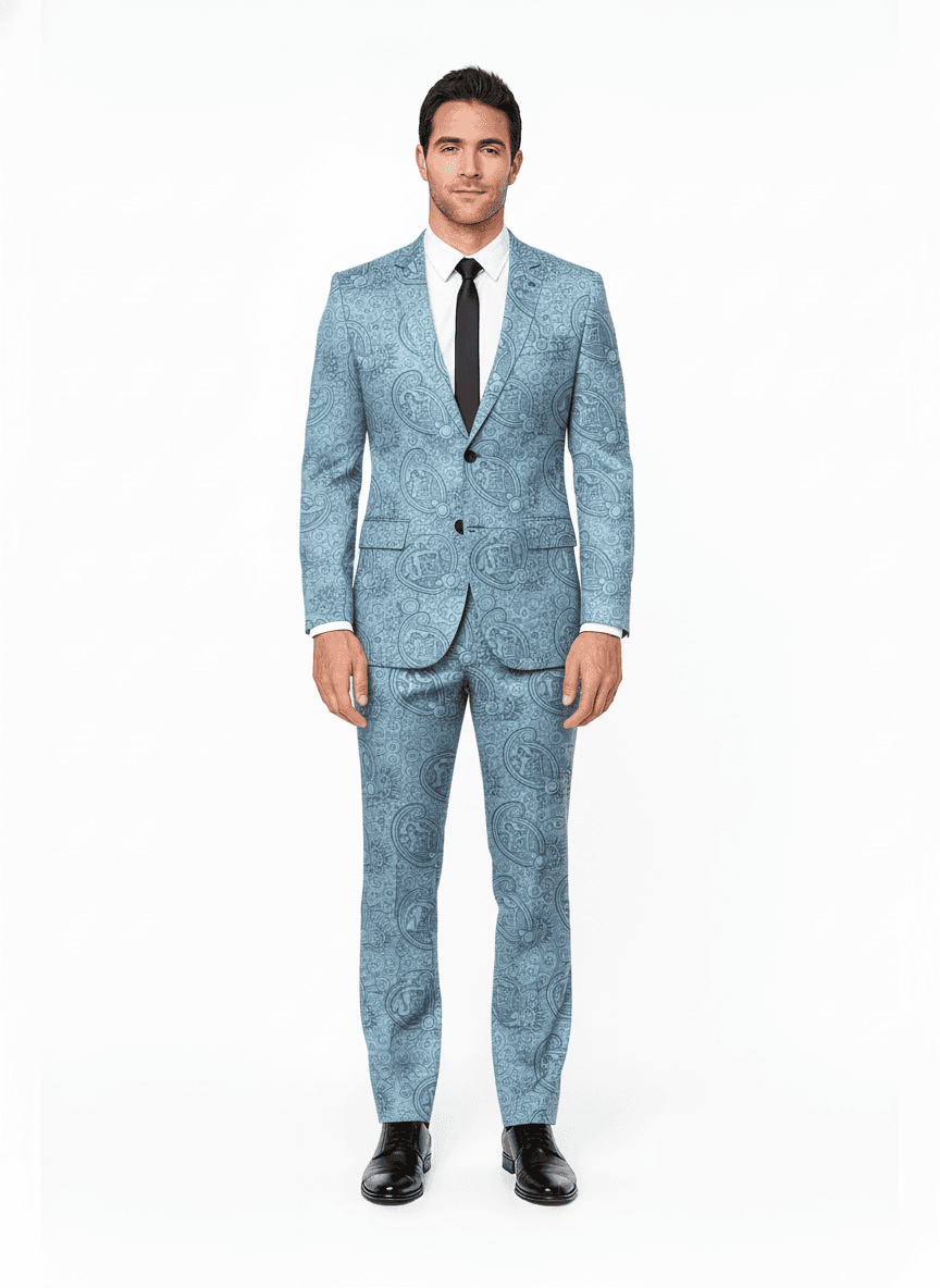 Cotton Blend Light Steel Blue/Dark Slate Gray Paisley Business Suiting Fabric on full suit — AI-rendered by Nathan Tailors, a Hoi An tailor