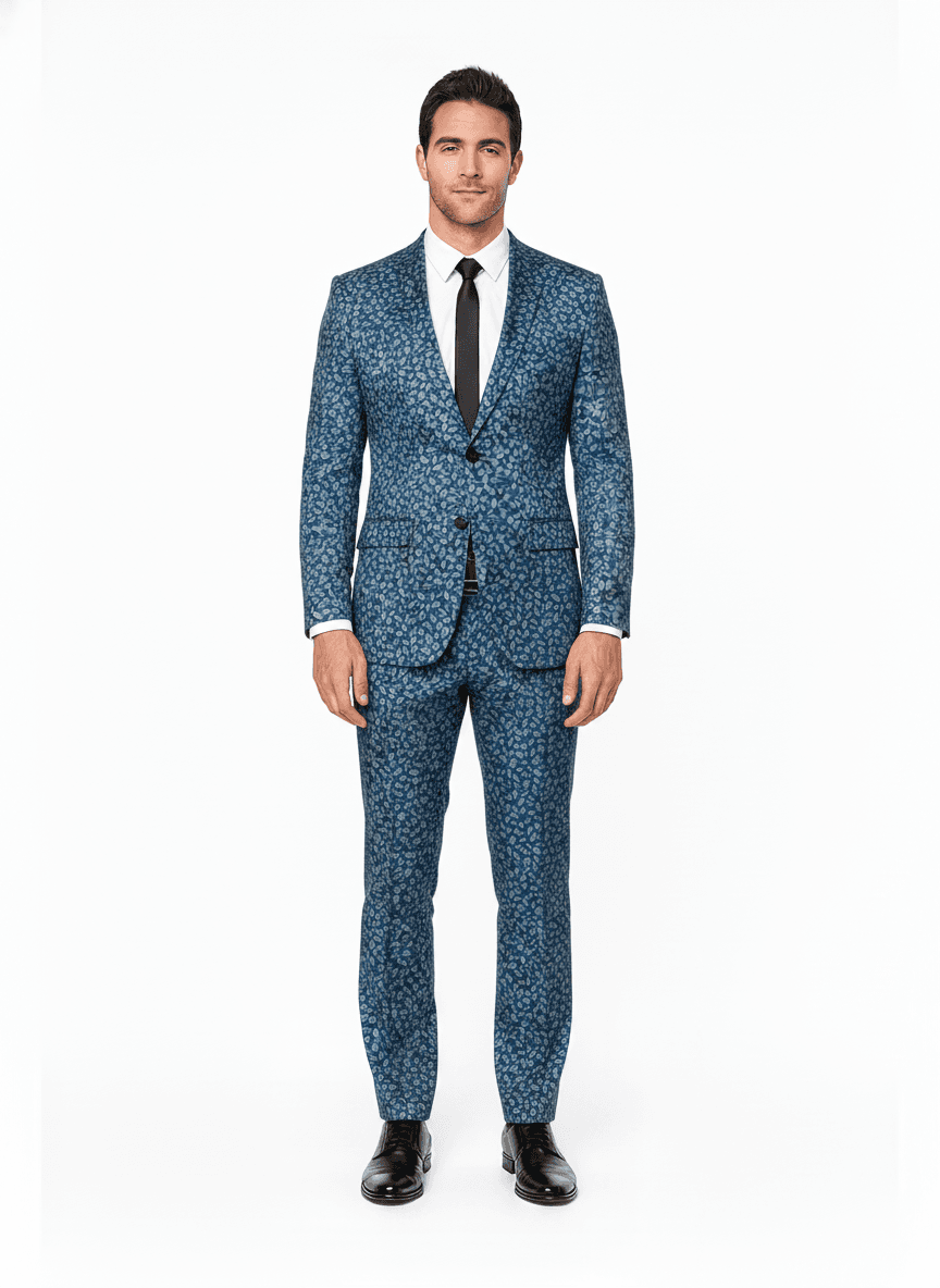 Cotton Blend Deep Blue & Sky Blue Leaf Casual Shirts Fabric on full suit — Nathan Tailors Hoi An tailor