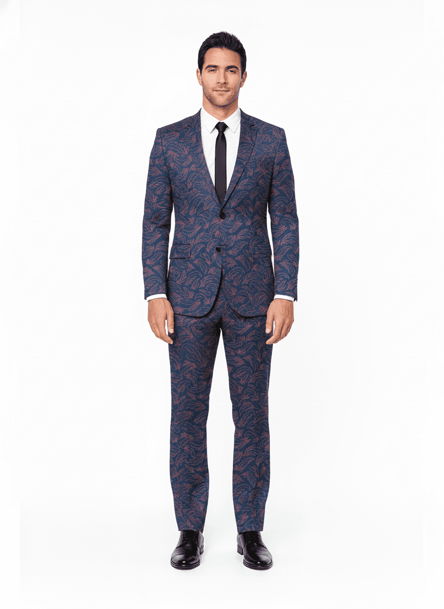 Cotton Blend Slate Blue Pink Feather Casual Blazers Fabric on full suit — AI-rendered by Nathan Tailors, a Hoi An tailor