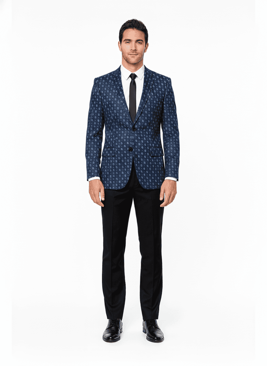 Cotton Blend Midnight Blue Soft White Paisley Casual Shirts Fabric on jacket — Nathan Tailors Hoi An tailor