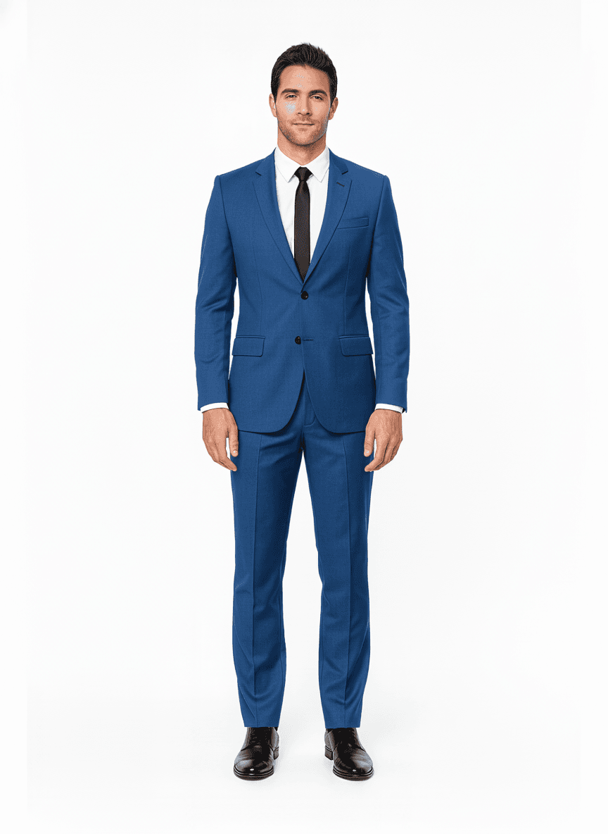 Organic Cotton Denim Blue Solid Casual Blazers Fabric on full suit — AI-rendered by Nathan Tailors, a Hoi An tailor