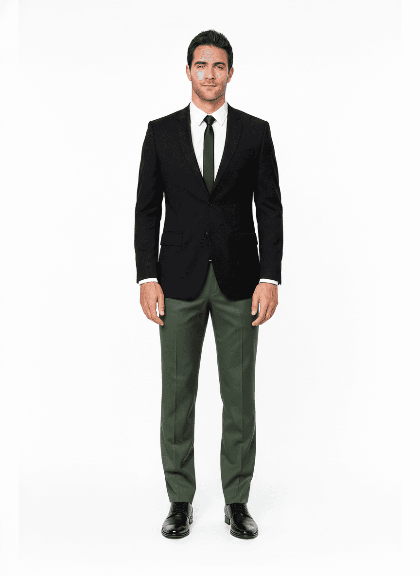 Organic Cotton Forest Green Solid Dress Shirt Fabric on full suit — AI-rendered by Nathan Tailors, a Hoi An tailor