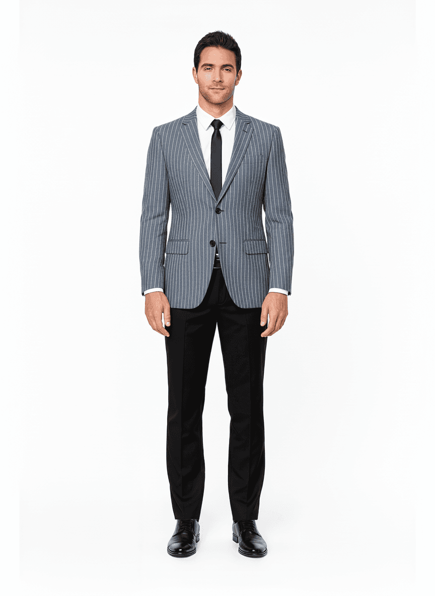 Cotton Slate Gray Light Steel Blue Striped Business Suits Fabric on jacket — AI-rendered by Nathan Tailors, a Hoi An tailor