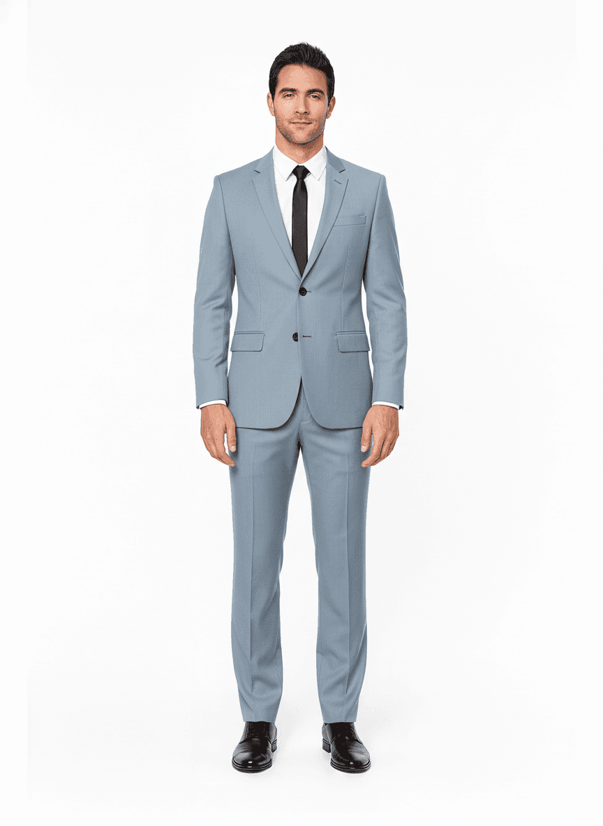 Organic Cotton Pale Blue Solid Dress Shirt Fabric on full suit — AI-rendered by Nathan Tailors, a Hoi An tailor