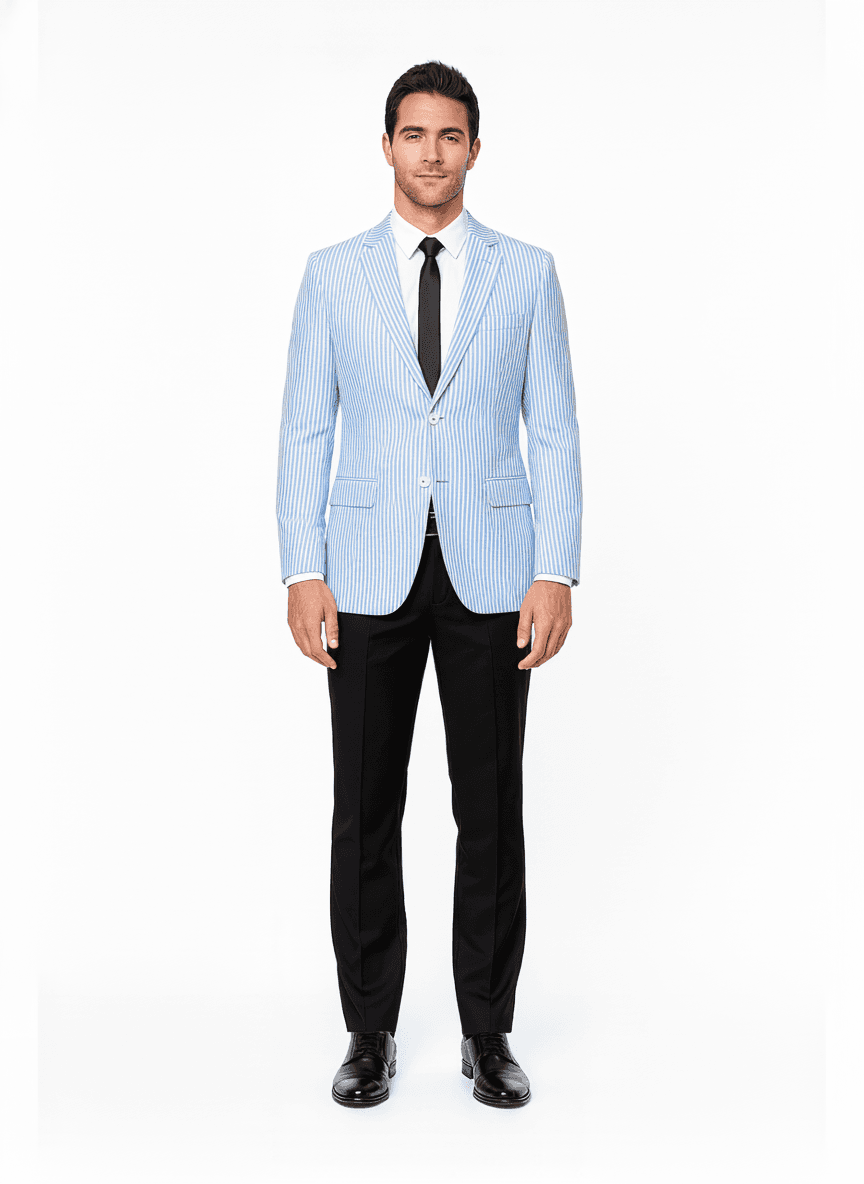 Cotton Light Blue Sky Blue Striped Dress Shirts Fabric on jacket — AI-rendered by Nathan Tailors, a Hoi An tailor