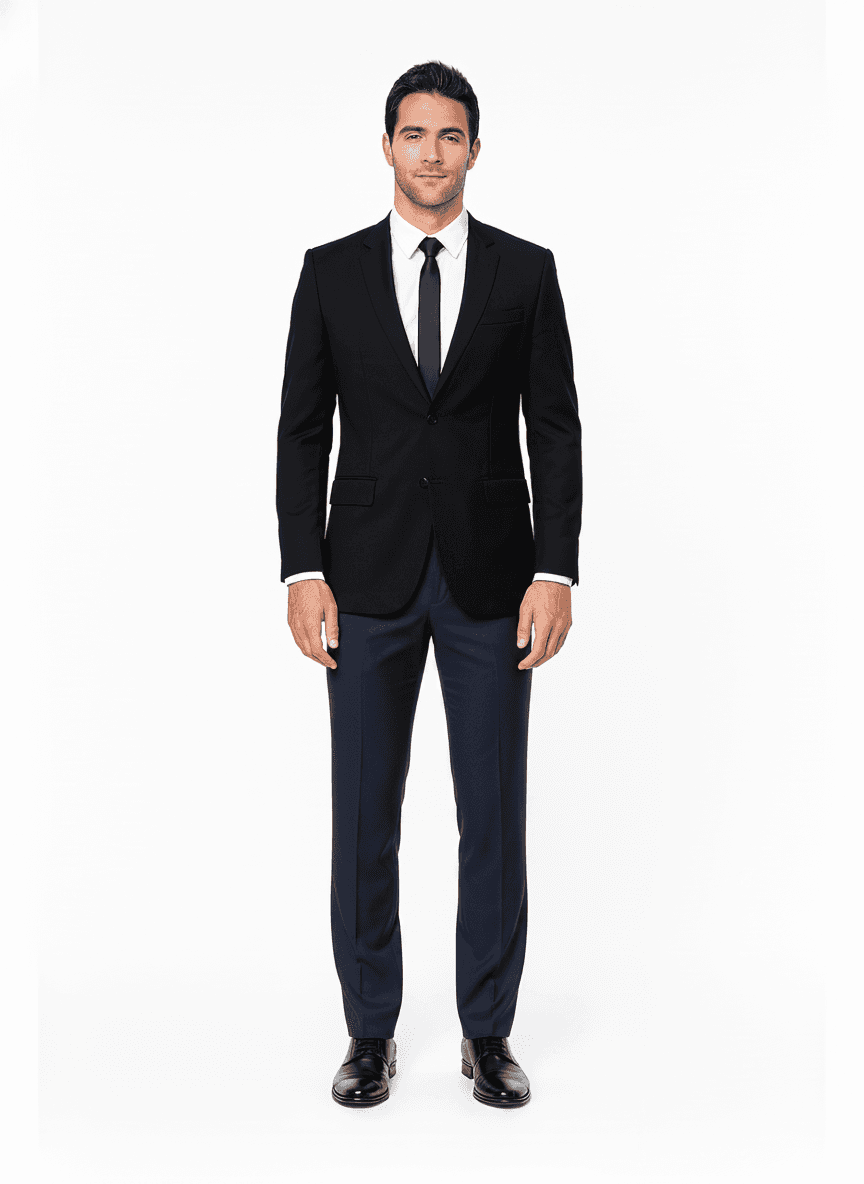 Cotton Deep Navy Solid Business Suiting Fabric on pants — bespoke pants and custom tailored suit fabric visualization by Nathan Tailors, the Hoi An custom tailor. Available as a real bespoke suit from $129.