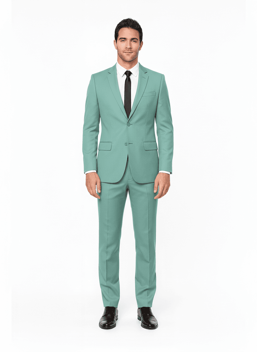 Cotton Blend Aqua Green Solid Business Suits Fabric on full suit — AI-rendered by Nathan Tailors, a Hoi An tailor
