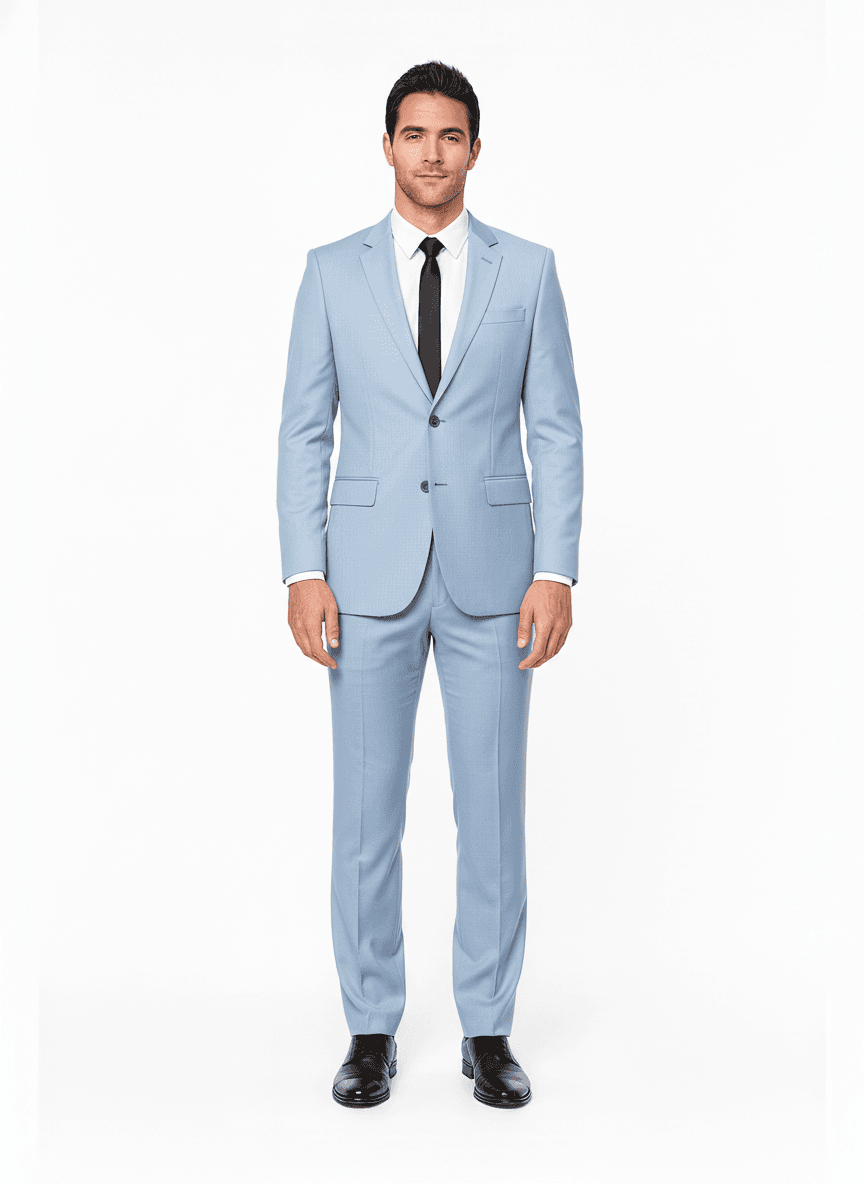 Cotton Blend Pale Blue Solid Dress Shirts Fabric on full suit — AI-rendered by Nathan Tailors, a Hoi An tailor