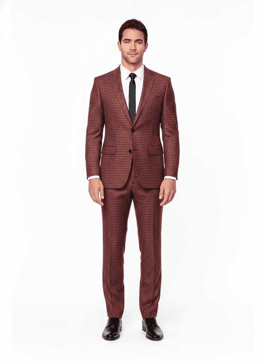 Cotton Blend Deep Red & White Houndstooth Blazer Fabric on full suit — AI-rendered by Nathan Tailors, a Hoi An tailor