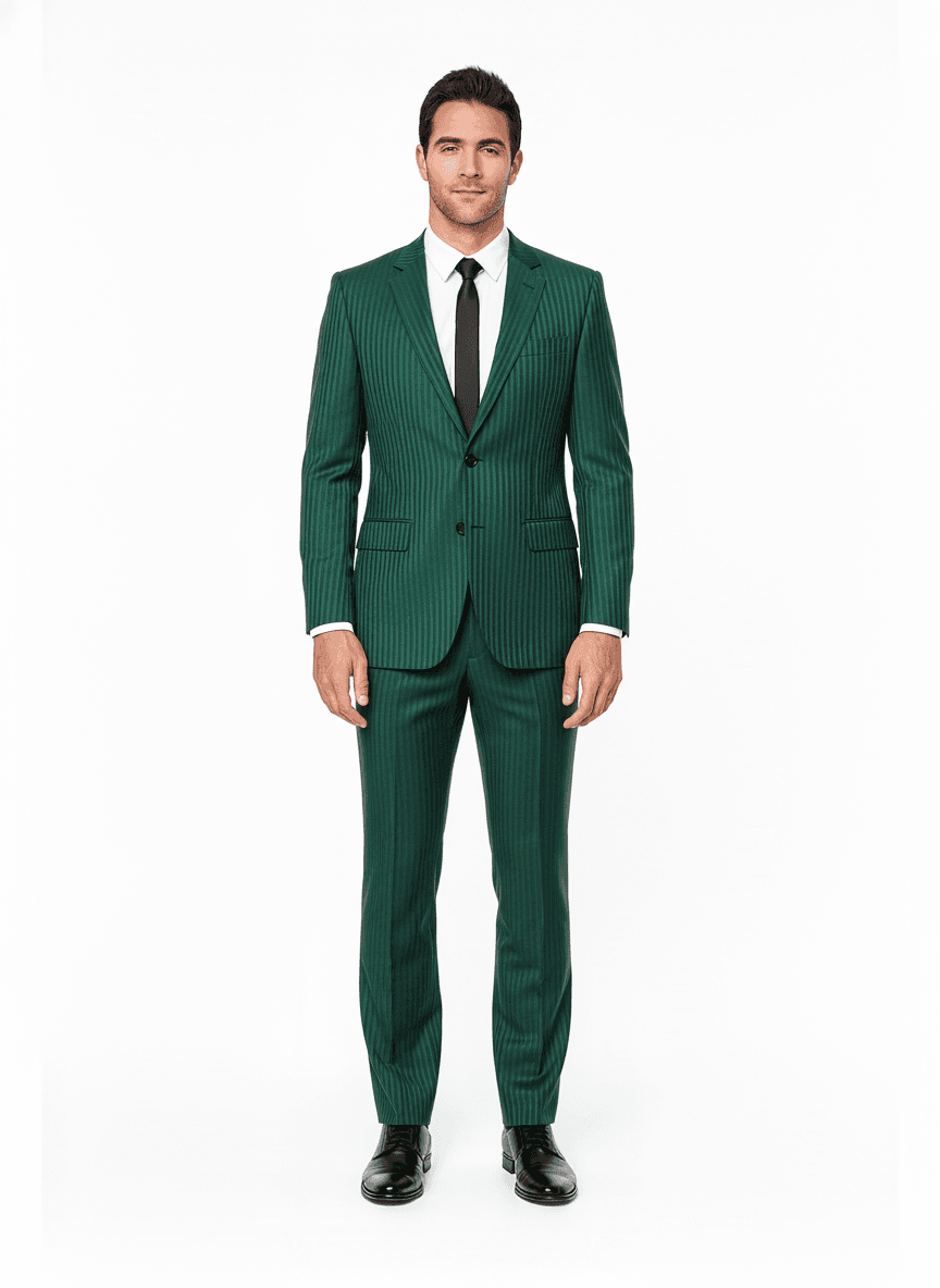 Cotton Blend Forest Green White Striped Dress Shirts Fabric on full suit — AI-rendered by Nathan Tailors, a Hoi An tailor