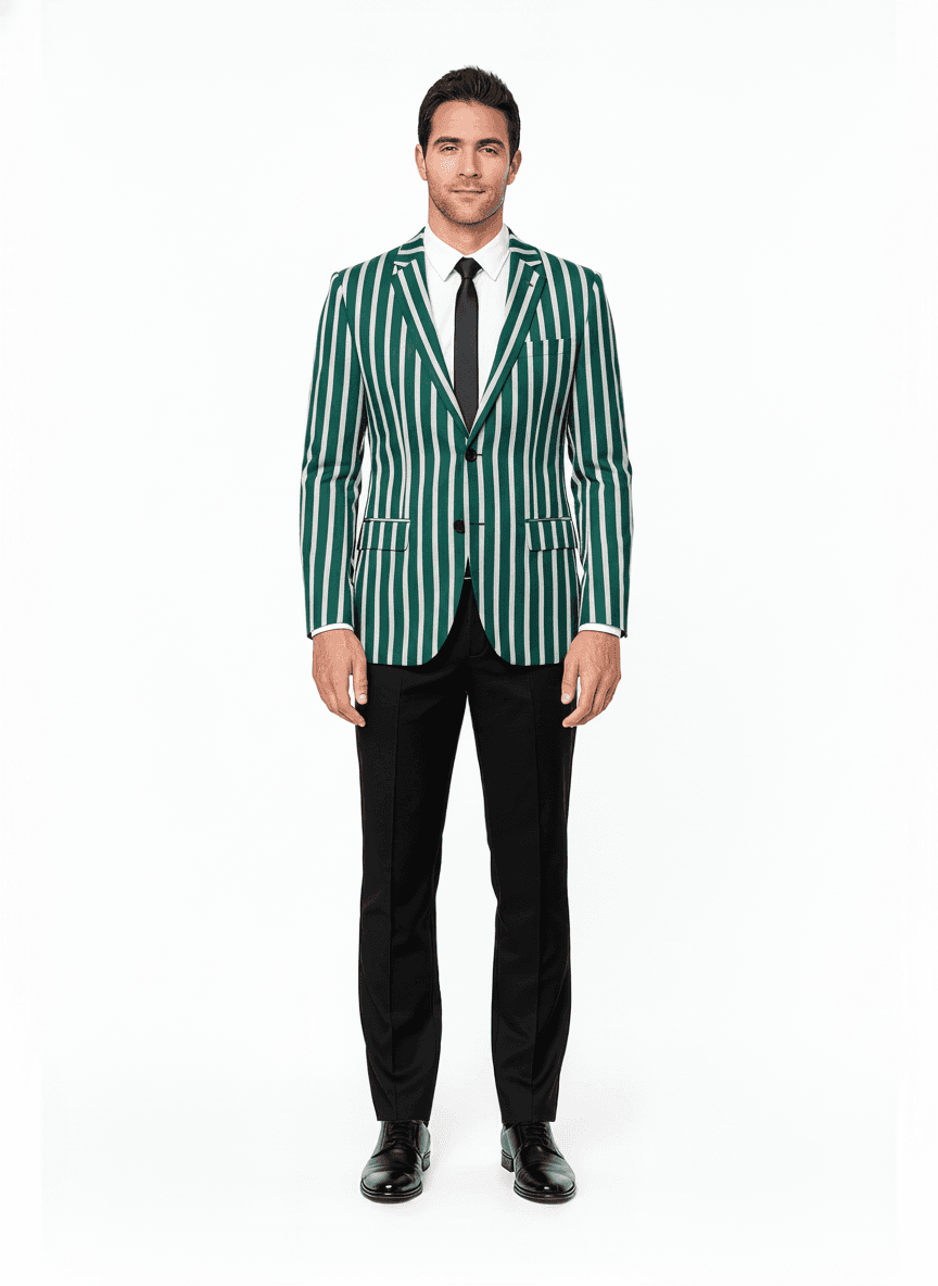 Cotton Blend Forest Green White Striped Dress Shirts Fabric on jacket — AI-rendered by Nathan Tailors, a Hoi An tailor