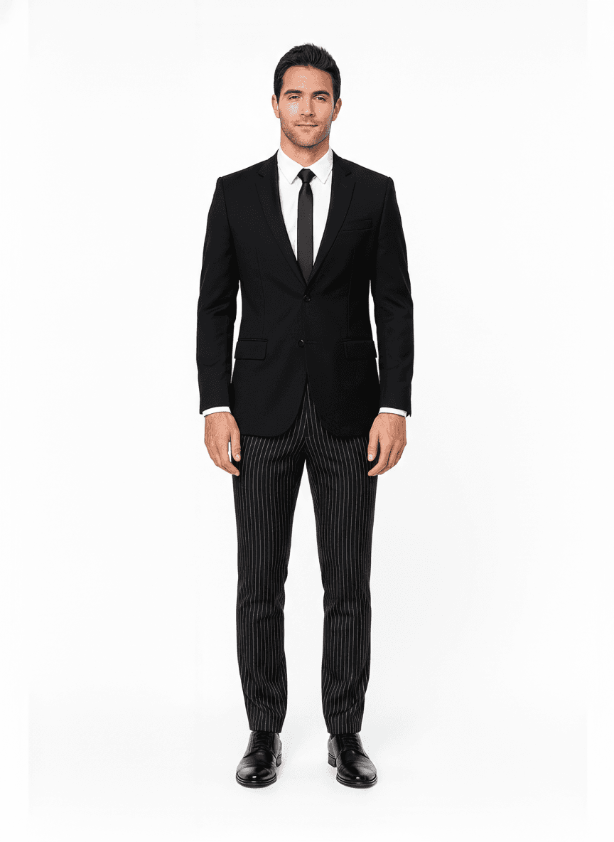 Cotton Blend Charcoal Black Light Gray Pinstripe Business Suiting Fabric on pants — AI-rendered by Nathan Tailors, a Hoi An tailor