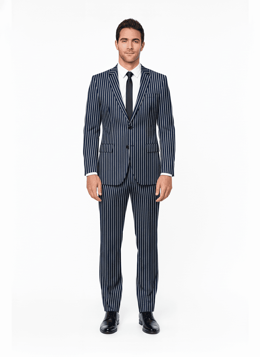 Cotton Blend White Deep Blue Striped Business Suiting Fabric on full suit — AI-rendered by Nathan Tailors, a Hoi An tailor