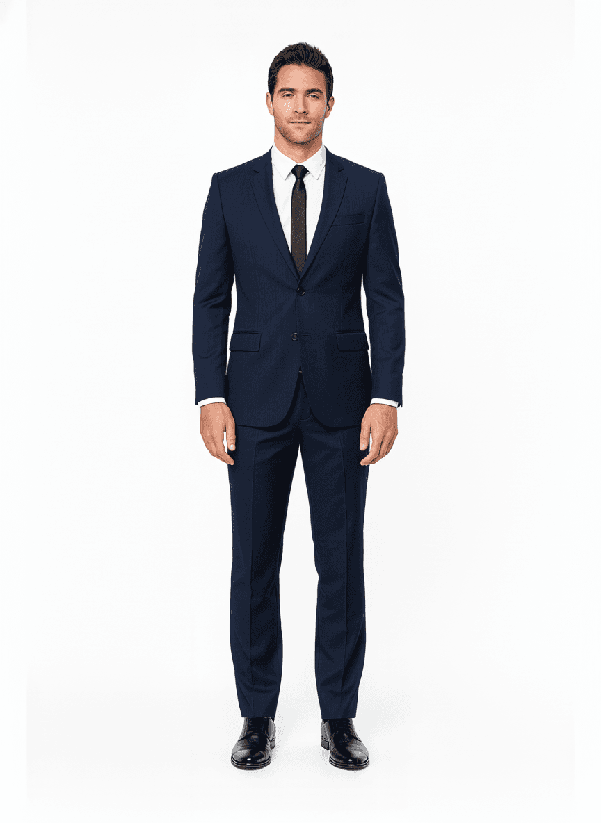 Cotton Dark Navy Solid Business Suiting Fabric on full suit — AI-rendered by Nathan Tailors, a Hoi An tailor