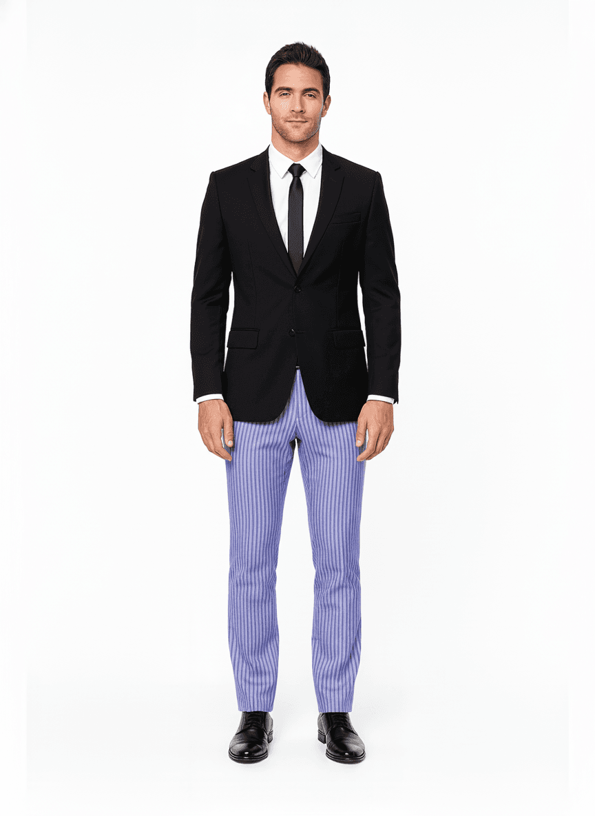 Cotton Blend Lavender Blue Periwinkle Striped Dress Shirts Fabric on full suit — AI-rendered by Nathan Tailors, a Hoi An tailor