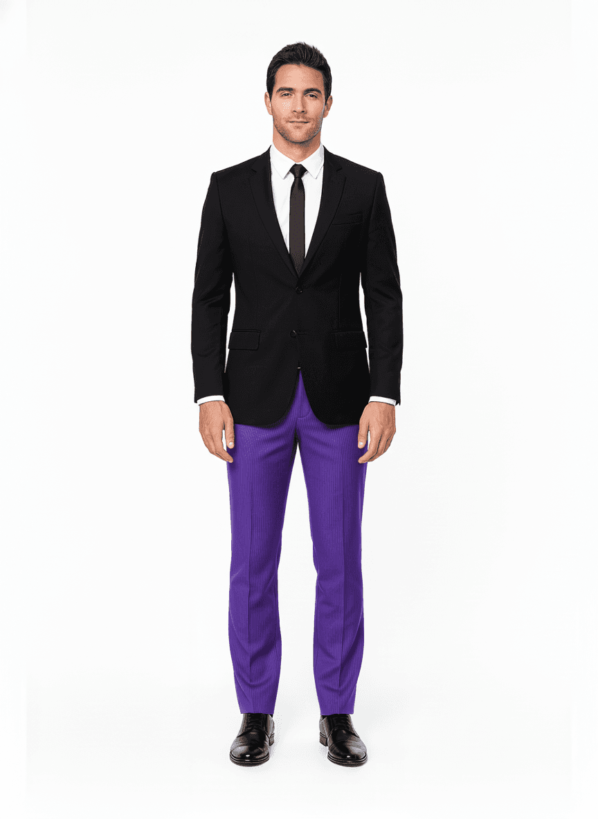 Cotton Blend Medium Purple Dark Violet Pinstripe Business Suiting Fabric on full suit — AI-rendered by Nathan Tailors, a Hoi An tailor