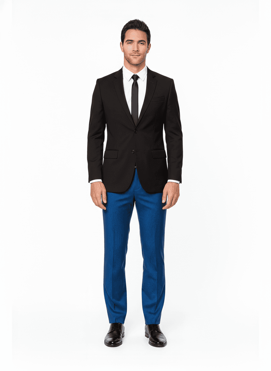 Cotton Blend Steel Blue Dark Blue Ribbed Business Suiting Fabric on full suit — AI-rendered by Nathan Tailors, a Hoi An tailor