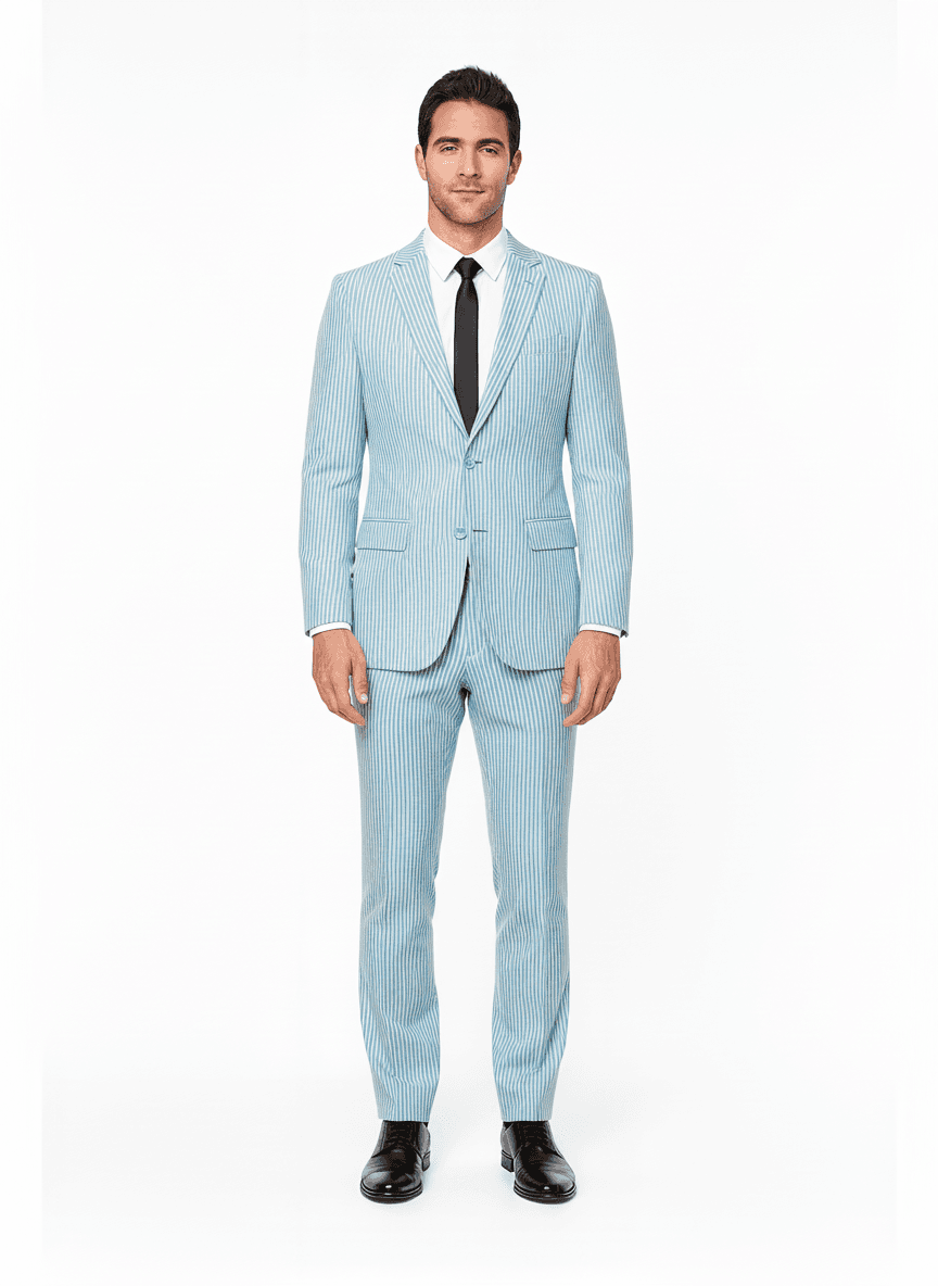 Cotton Blend Light Cyan & Pastel Teal Striped Dress Shirts Fabric on full suit — AI-rendered by Nathan Tailors, a Hoi An tailor