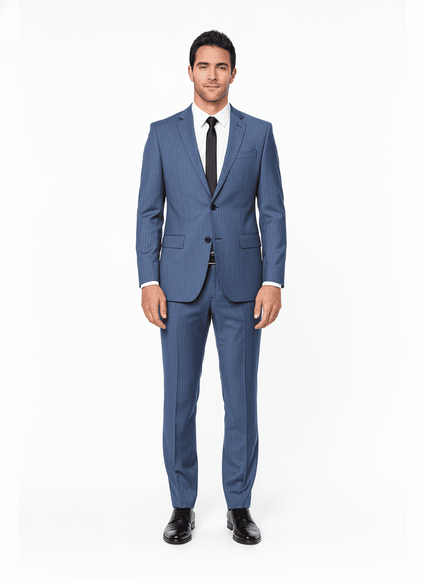 Cotton Blend Steel Blue Light Gray Pinstripe Dress Shirts Fabric on full suit — AI-rendered by Nathan Tailors, a Hoi An tailor