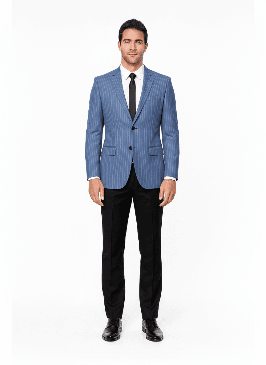 Cotton Blend Cadet Blue & Steel Blue Striped Dress Shirts Fabric on jacket — AI-rendered by Nathan Tailors, a Hoi An tailor