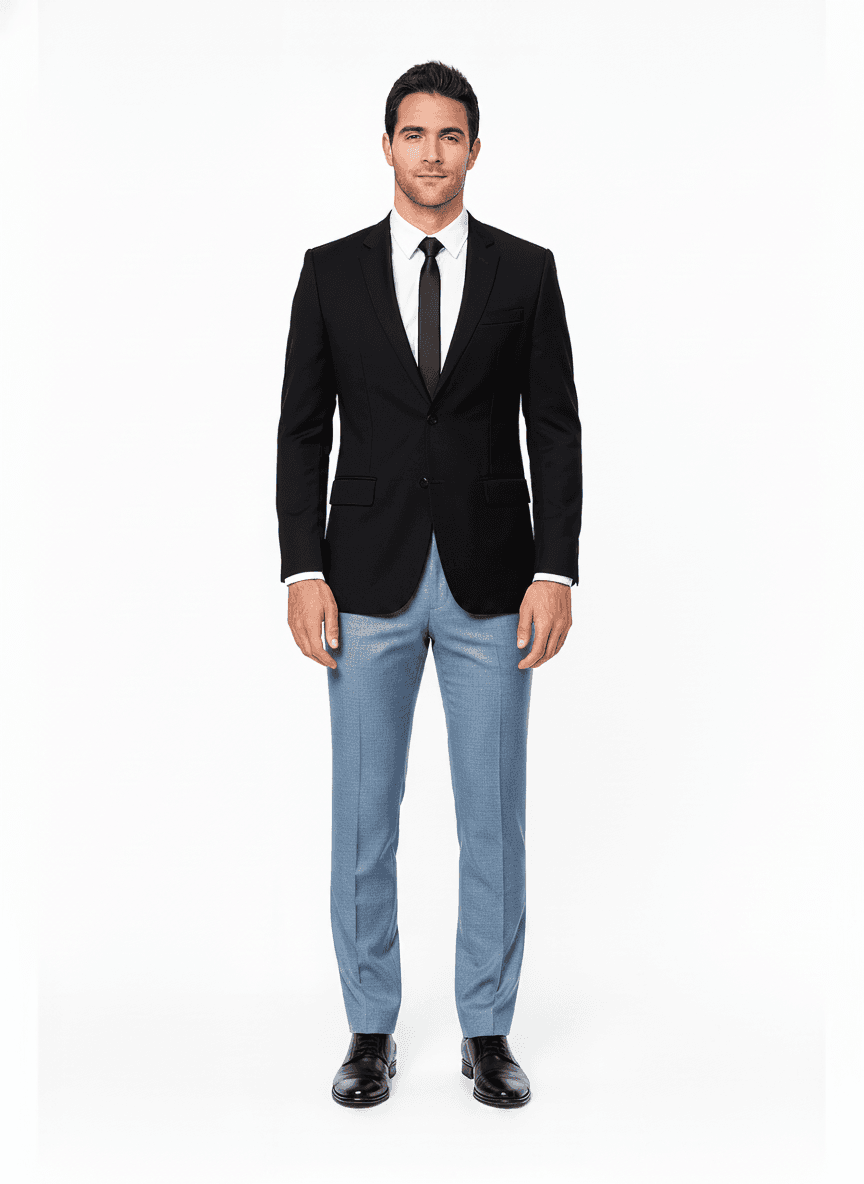 Cotton Blend Light Steel Blue Cadet Blue Solid Dress Shirts Fabric on pants — bespoke pants and custom tailored suit fabric visualization by Nathan Tailors, the Hoi An custom tailor. Available as a real bespoke suit from $129.