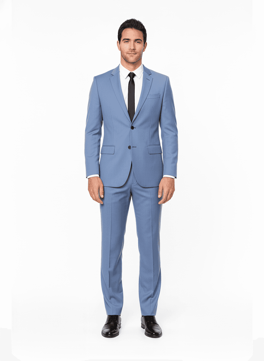 Cotton Light Steel Blue Solid Dress Shirt Fabric on full suit — AI-rendered by Nathan Tailors, a Hoi An tailor