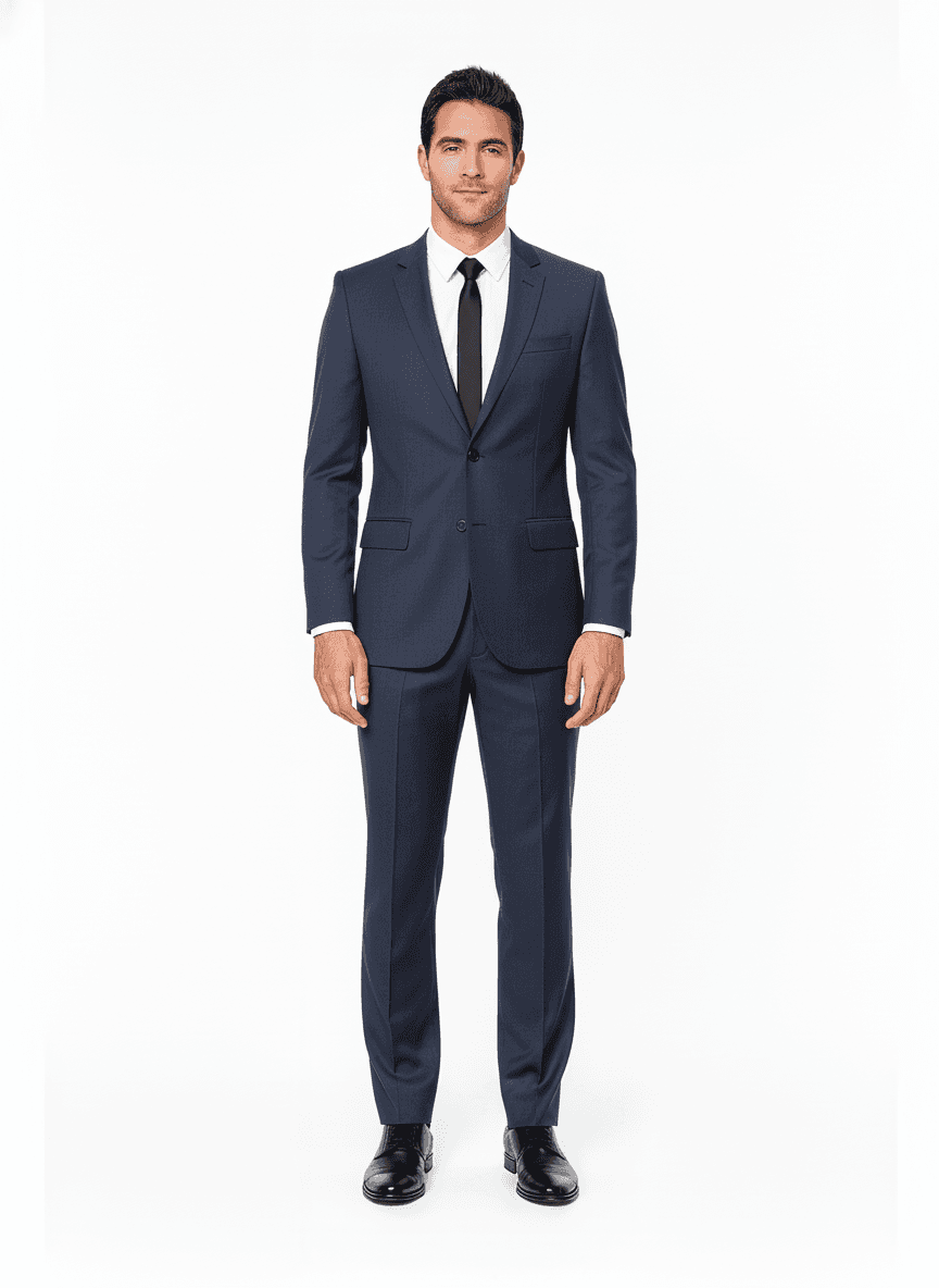 Merino Wool Charcoal Blue Solid Business Suits Fabric on full suit — AI-rendered by Nathan Tailors, a Hoi An tailor