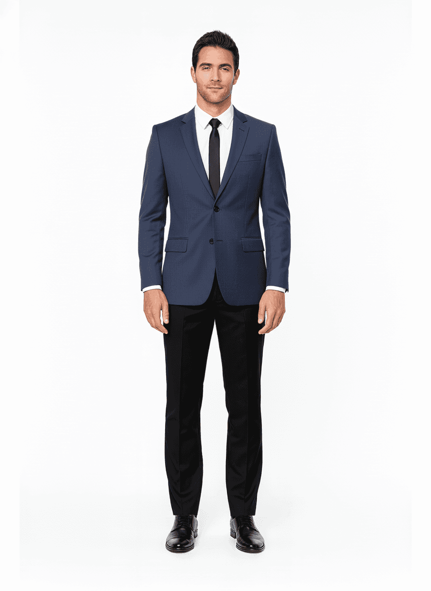 Merino Wool Charcoal Blue Solid Business Suits Fabric on jacket — AI-rendered by Nathan Tailors, a Hoi An tailor