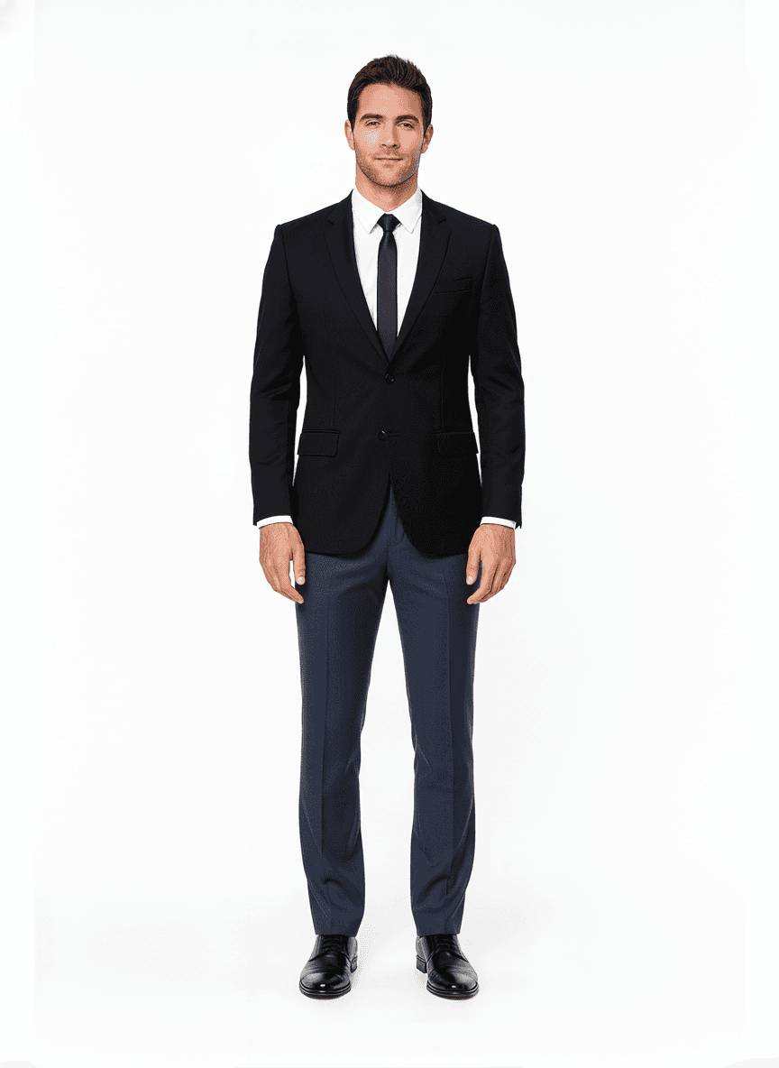 Merino Wool Charcoal Blue Solid Business Suits Fabric on pants — AI-rendered by Nathan Tailors, a Hoi An tailor