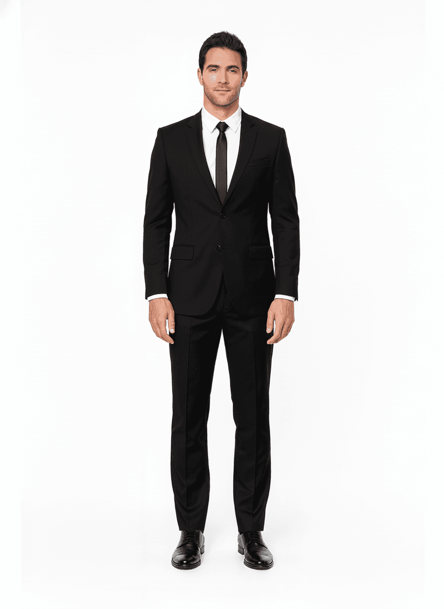 Merino Wool Dark Blue Solid Business Suit Fabric on full suit — AI-rendered by Nathan Tailors, a Hoi An tailor