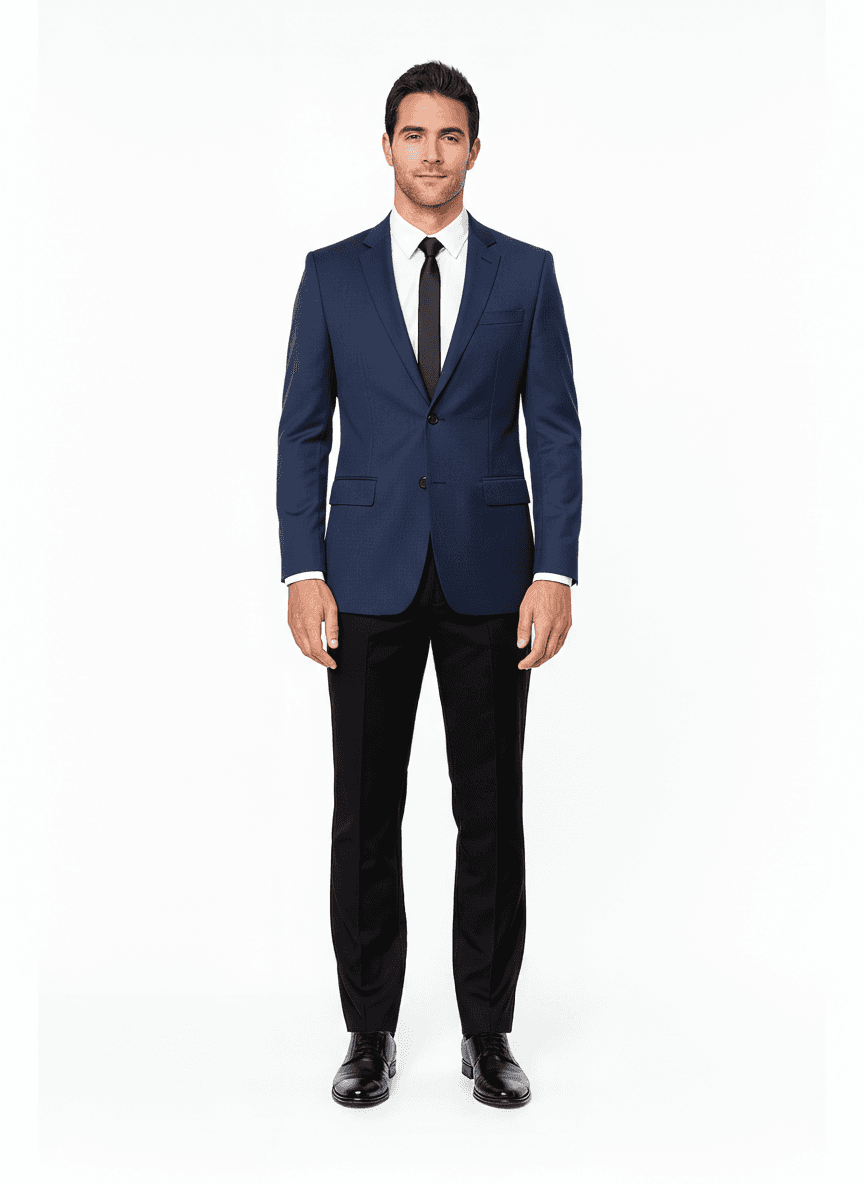 Merino Wool Dark Blue Solid Business Suit Fabric on jacket — AI-rendered by Nathan Tailors, a Hoi An tailor