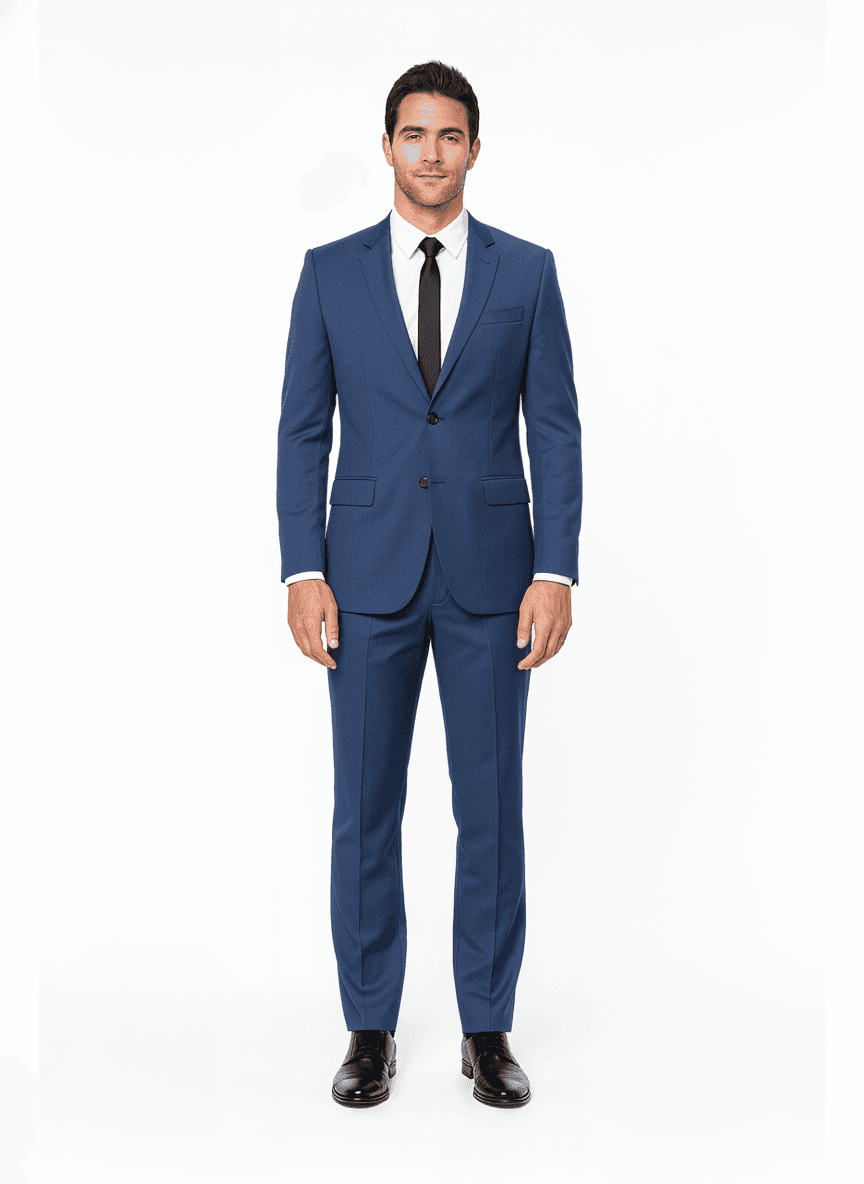 Merino Wool Steel Blue Solid Business Suiting Fabric on full suit — AI-rendered by Nathan Tailors, a Hoi An tailor
