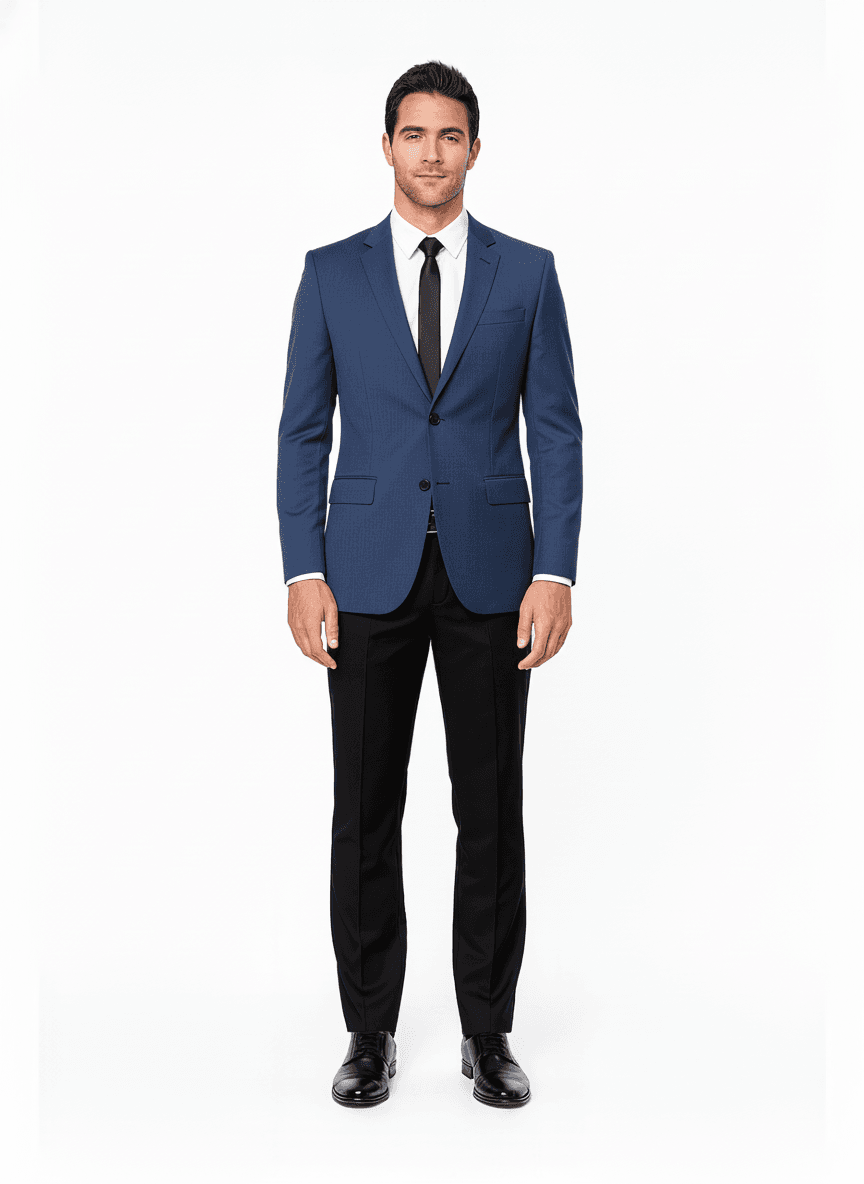 Merino Wool Steel Blue Solid Business Suiting Fabric on jacket — AI-rendered by Nathan Tailors, a Hoi An tailor