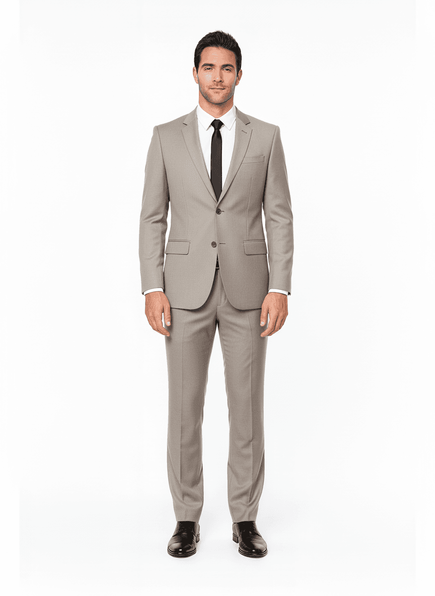 Merino Wool Light Taupe Solid Business Suits Fabric on full suit — AI-rendered by Nathan Tailors, a Hoi An tailor