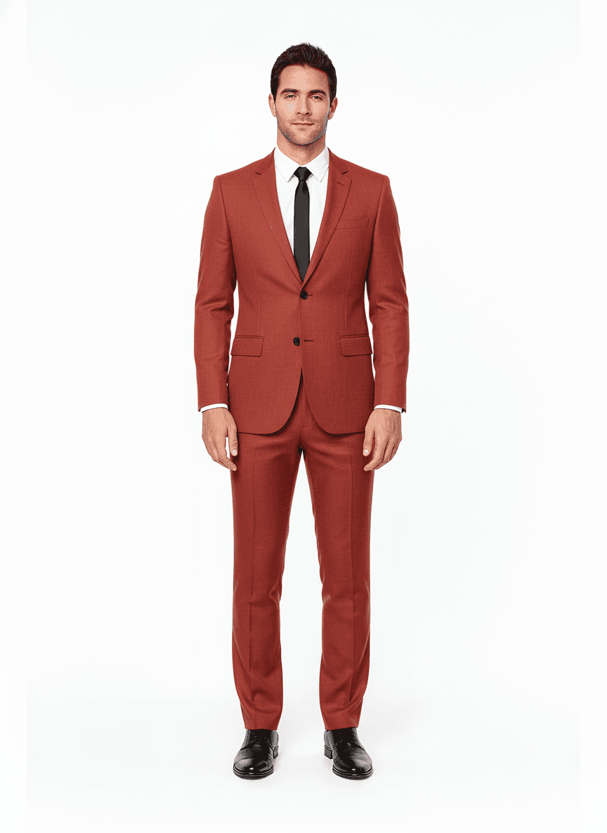 Linen Brick Red Solid Casual Blazers Fabric on full suit — AI-rendered by Nathan Tailors, a Hoi An tailor