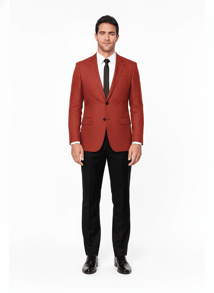 Linen Brick Red Solid Casual Blazers Fabric on jacket — AI-rendered by Nathan Tailors, a Hoi An tailor