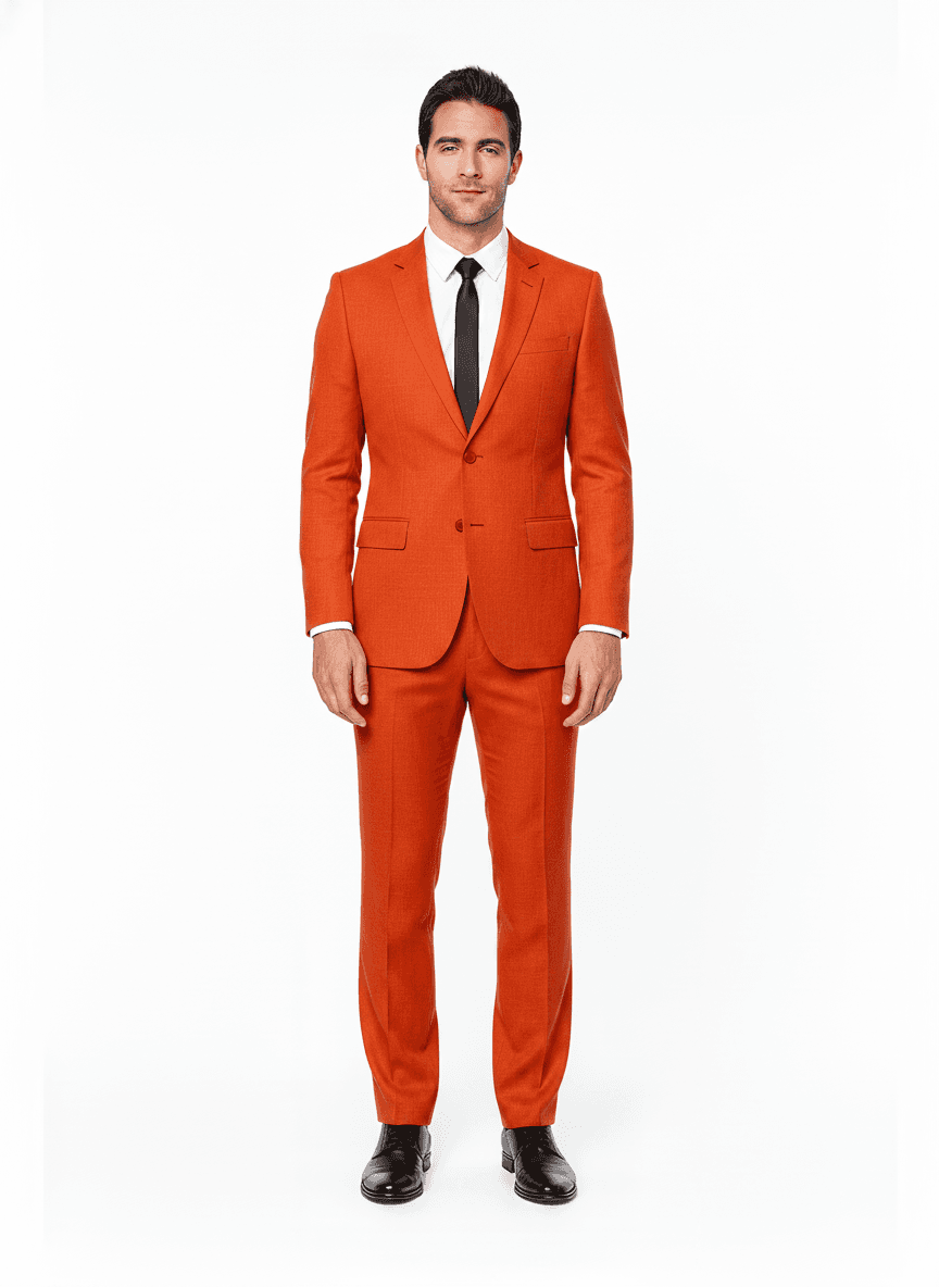 Linen Orange Red Solid Casual Shirt Fabric on full suit — bespoke full suit and custom tailored suit fabric visualization by Nathan Tailors, the Hoi An custom tailor. Available as a real bespoke suit from $129.
