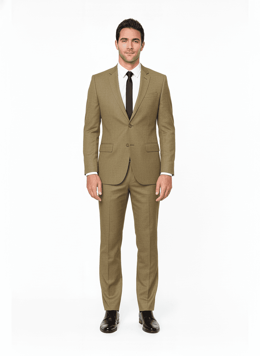 Linen Light Khaki Solid Casual Blazers Fabric on full suit — AI-rendered by Nathan Tailors, a Hoi An tailor
