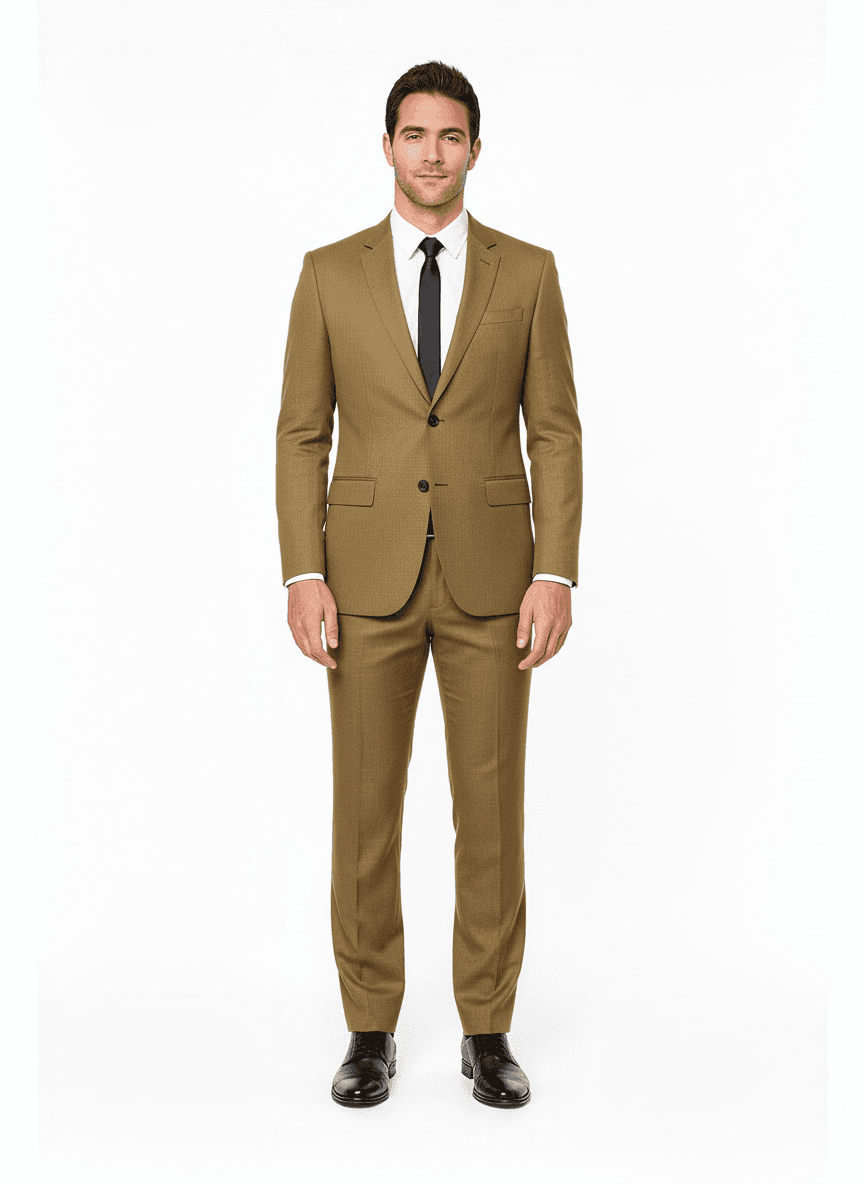 Linen Khaki Solid Business Suiting Fabric on full suit — AI-rendered by Nathan Tailors, a Hoi An tailor