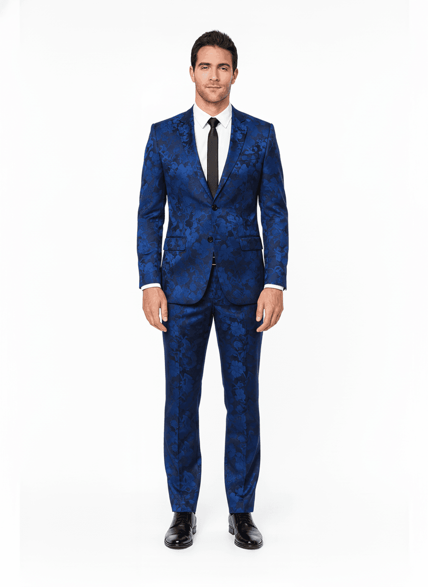 Cotton Royal Blue & Navy Blue Floral Dress Shirts Fabric on full suit — AI-rendered by Nathan Tailors, a Hoi An tailor
