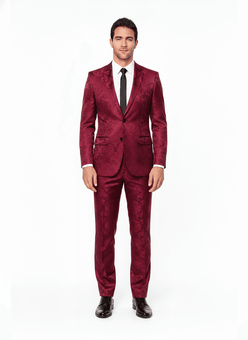 Silk Rich Magenta Deep Purple Ornate Evening Gowns Fabric on full suit — AI-rendered by Nathan Tailors, a Hoi An tailor