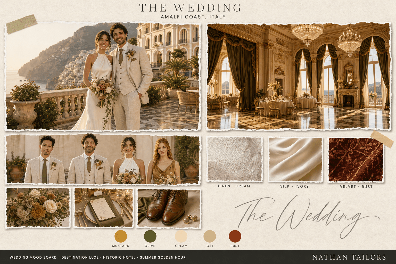Amalfi Lemon — Mustard, Olive & Cream historic hotel wedding attire mood board — custom wedding attire mood board with bespoke groom suit and custom tailored bridesmaid dresses by Nathan Tailors, the Hoi An custom tailor. Mustard, Olive & Cream palette, historic hotel venue, summer golden hour light.