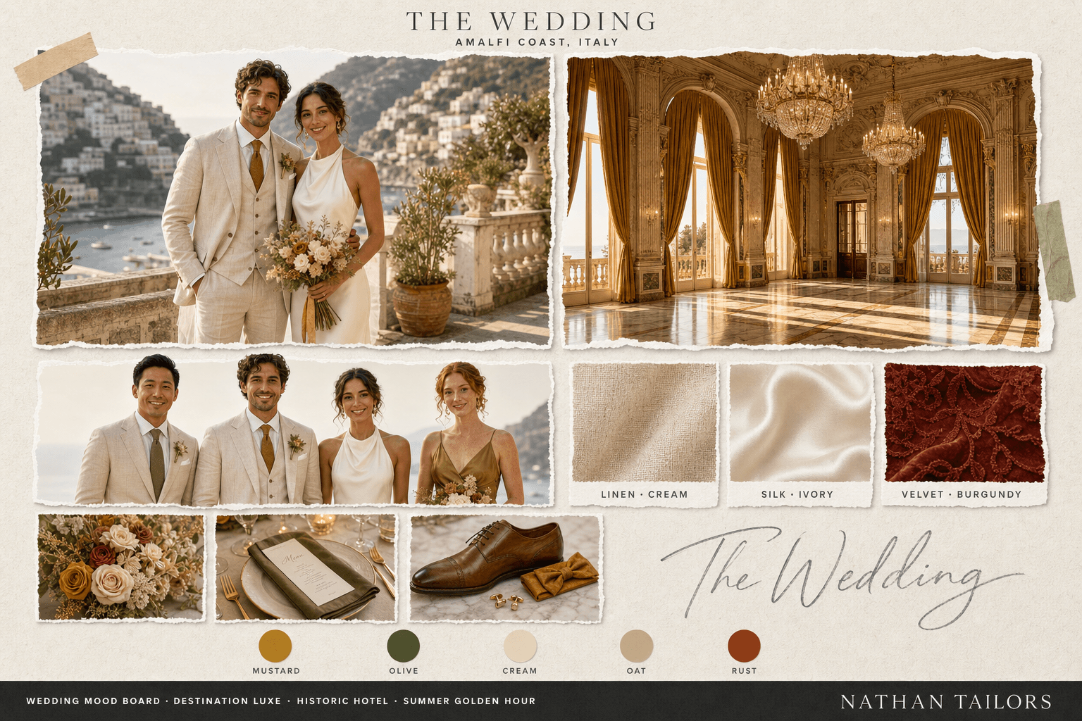 Mustard, Olive & Cream historic hotel bespoke wedding attire mood board — custom tailored by Nathan Tailors, the Hoi An custom tailor