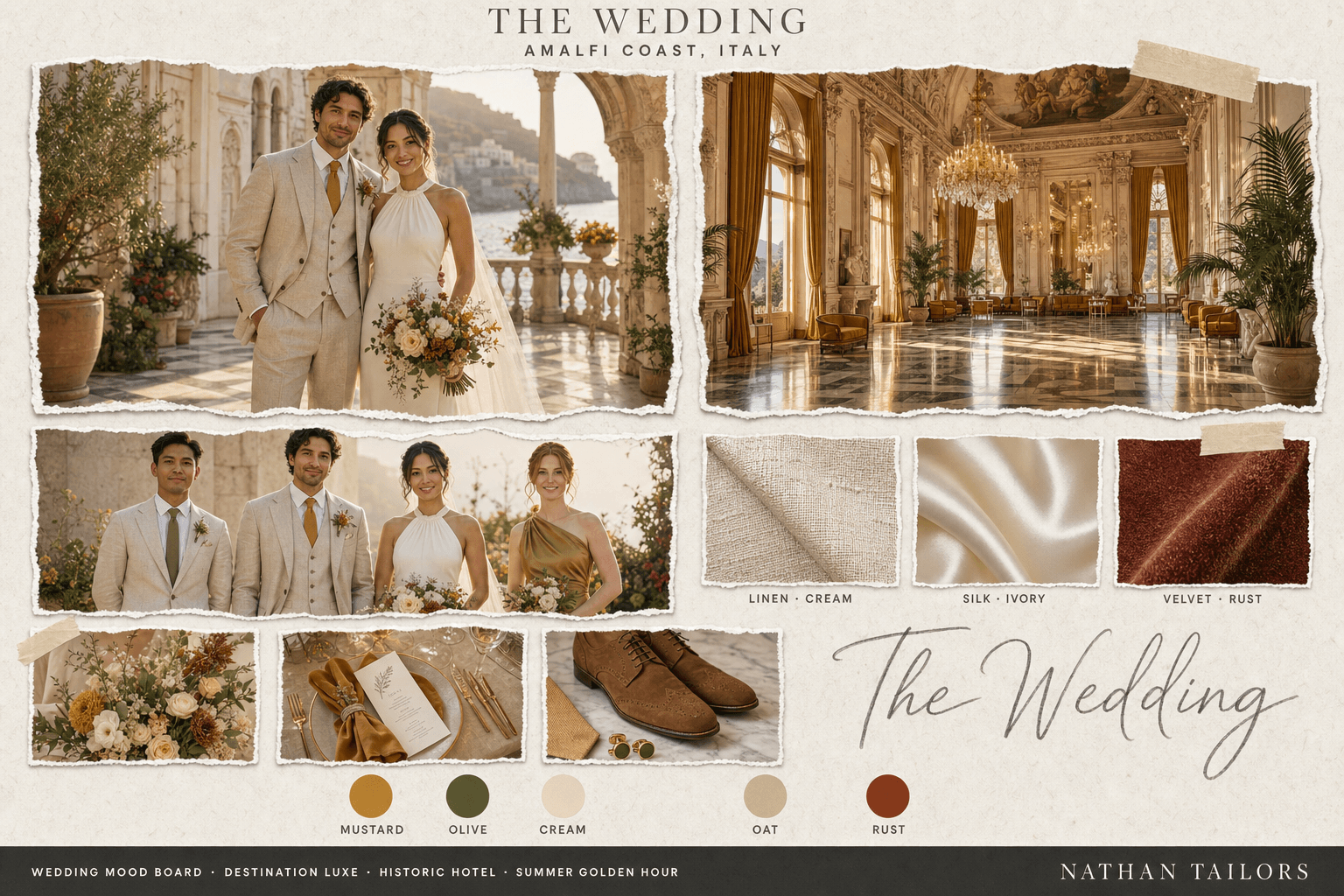 Amalfi Lemon — Mustard, Olive & Cream historic hotel wedding attire mood board — custom wedding attire mood board with bespoke groom suit and custom tailored bridesmaid dresses by Nathan Tailors, the Hoi An custom tailor. Mustard, Olive & Cream palette, historic hotel venue, summer golden hour light.