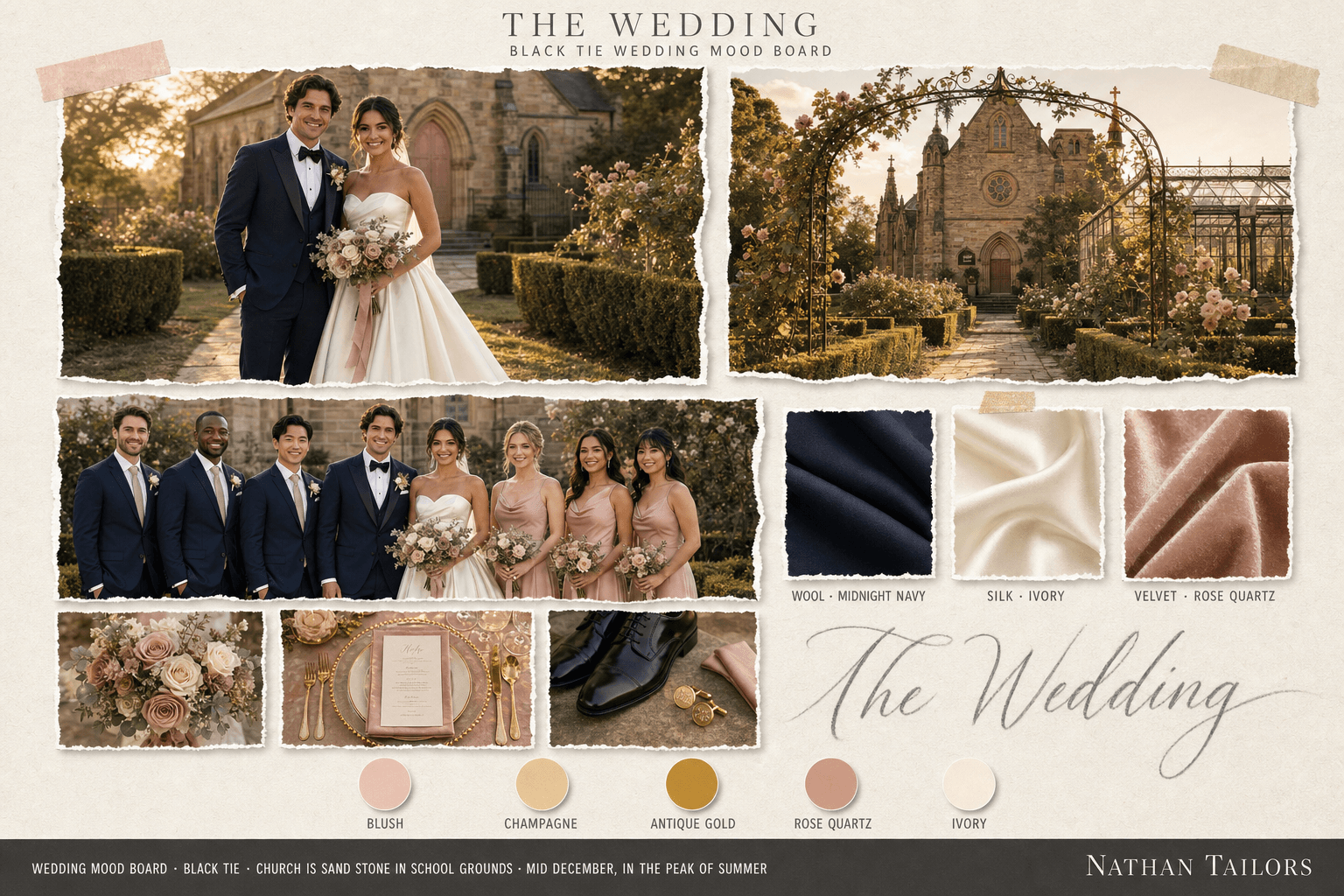 Blush, Champagne & Gold garden wedding attire mood board — custom wedding attire mood board with bespoke groom suit and custom tailored bridesmaid dresses by Nathan Tailors, the Hoi An custom tailor. Blush, Champagne & Gold palette, garden venue, summer golden hour light.