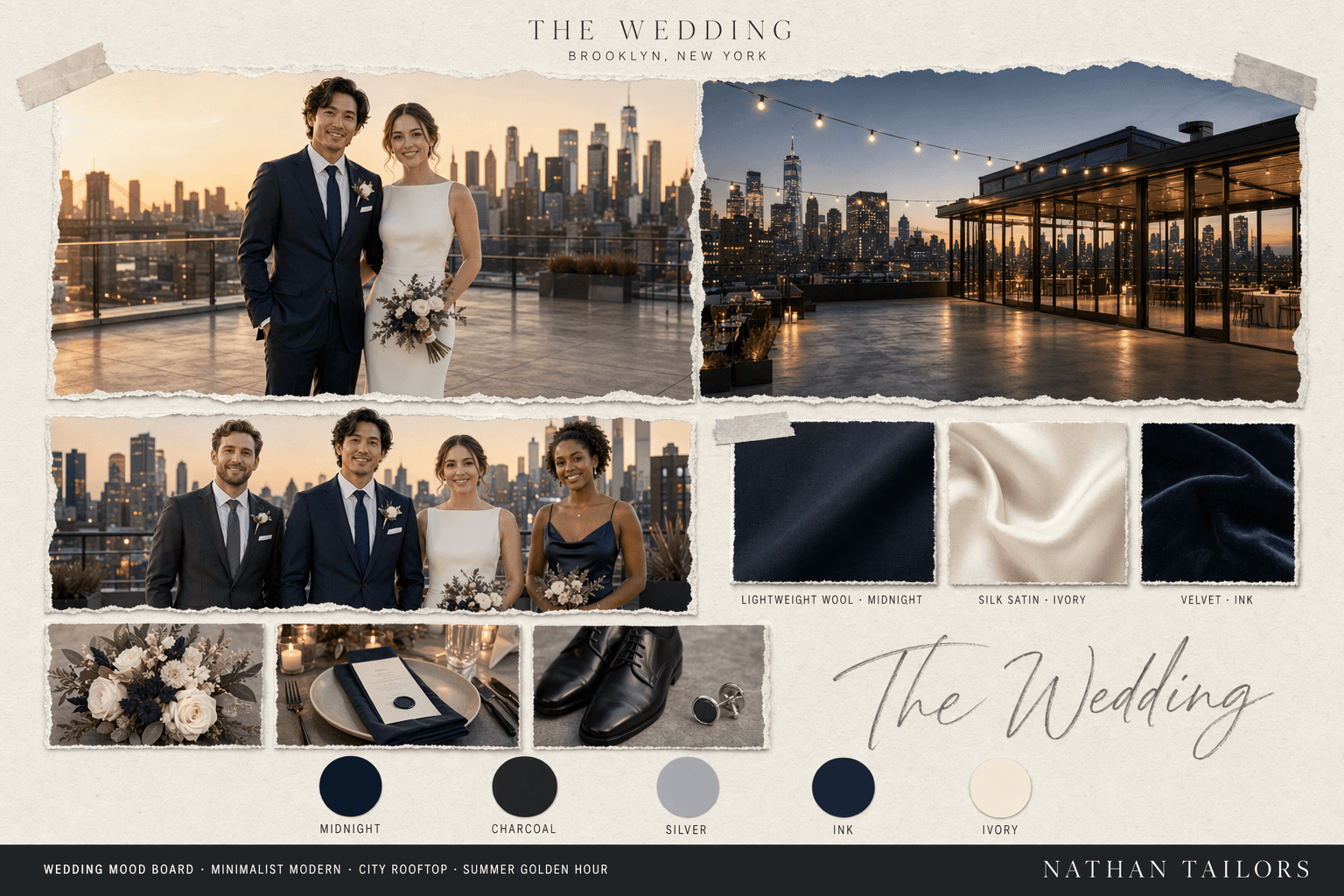 Midnight, Charcoal & Silver city rooftop wedding attire mood board — Nathan Tailors